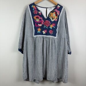 Angel Heart Boutique‎ Mini Dress Women's 2X Blue Striped Floral Embroidered Boho